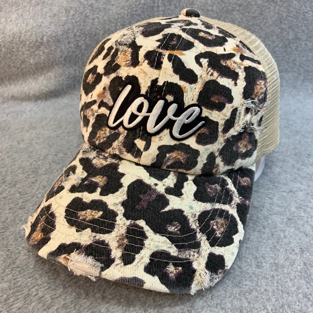 Love Script Patch Womens Leopard Print Unbranded Trucker Hat Distressed Ponytail